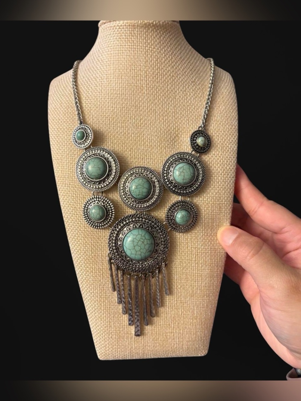 Lucky Brand Turquoise (dyed howlite) Boho Silver Bib Fringe Western